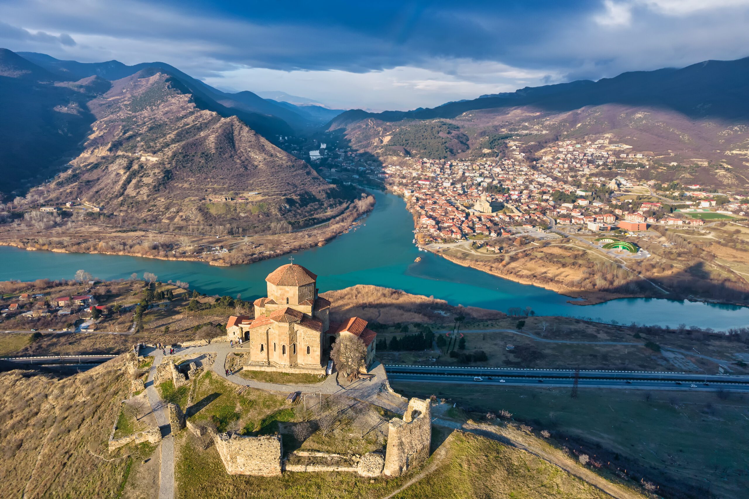 Famous aerial  Jvari Monastery view in Mtskheta town near Tbilisi, Georgia