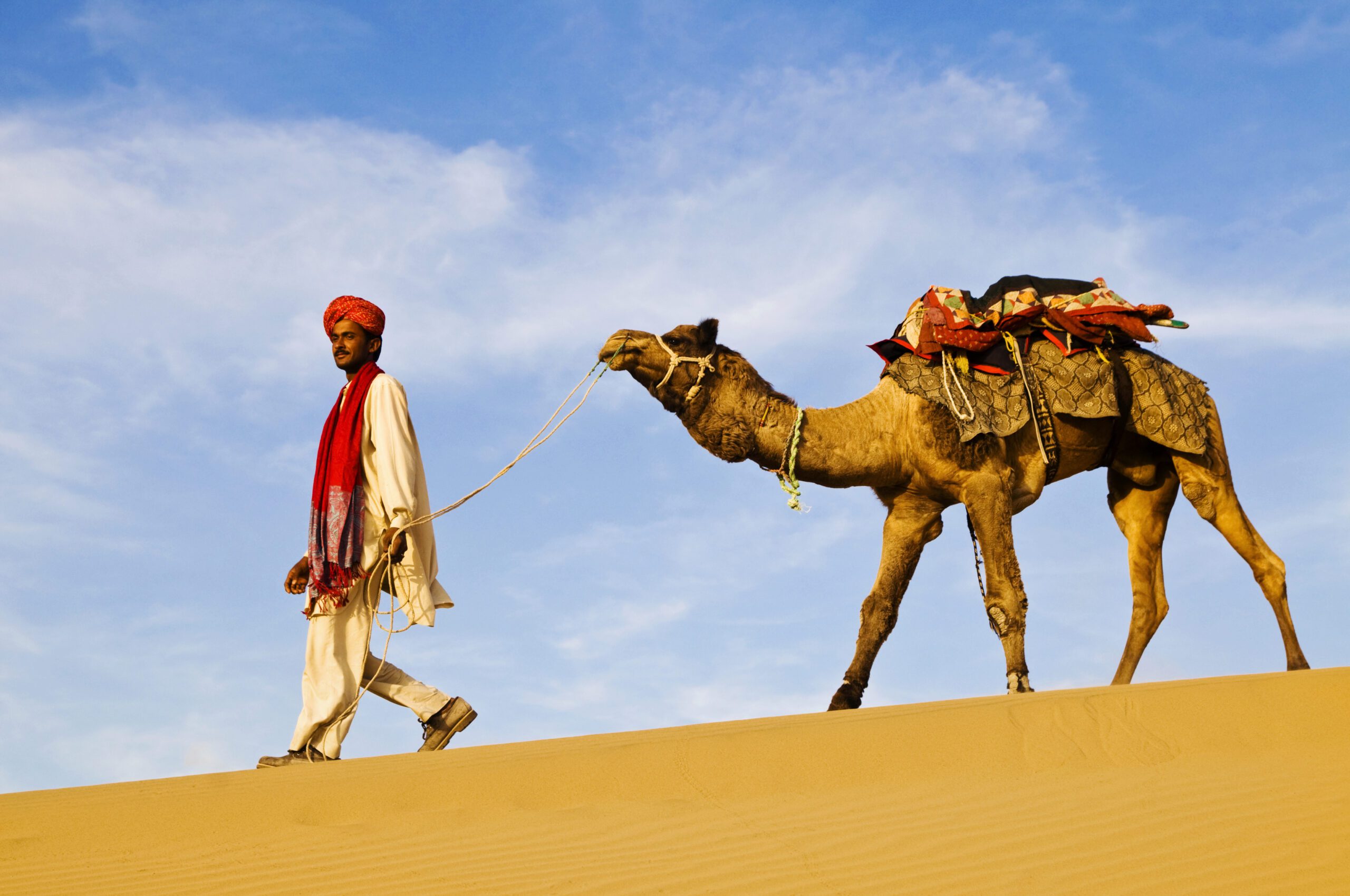 Indian man walking through the desert with his camel
