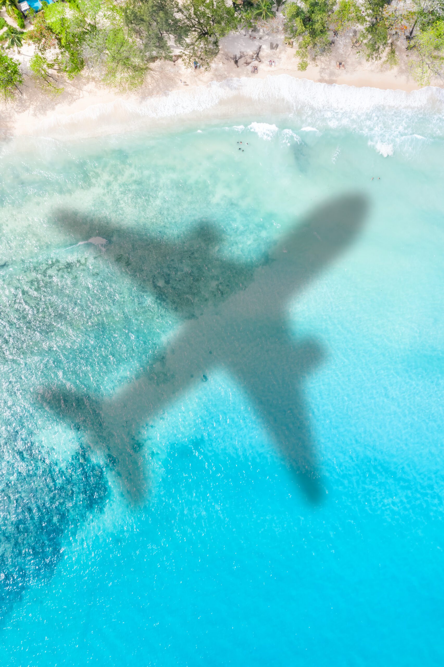 Travel traveling vacation sea symbolic picture airplane flying Seychelles portrait format beach water