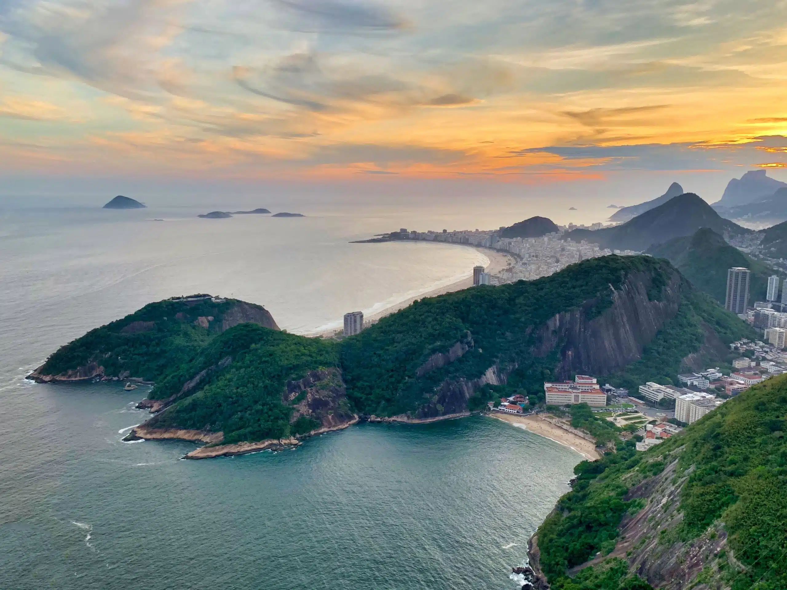 Aerial shot of the beautiful Copacabana Beach in Rio de Janeiro, Brazil under the sunset sky