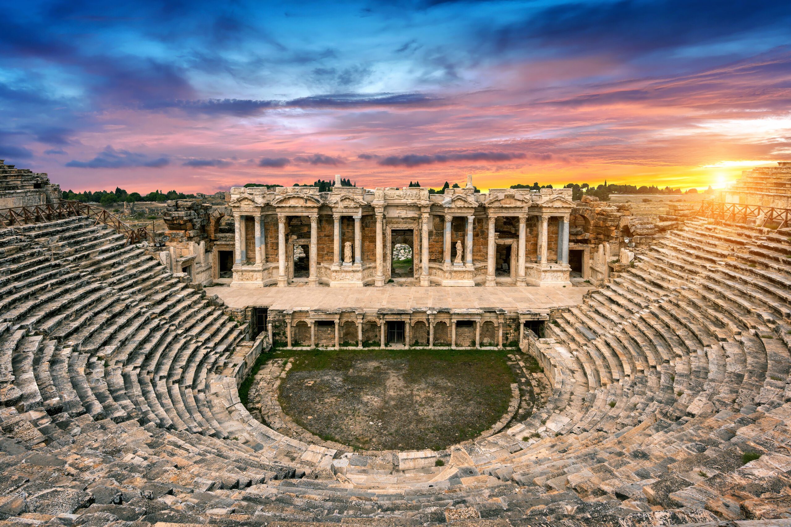 Amphitheater in ancient city of Hierapolis at sunset, Pamukkale