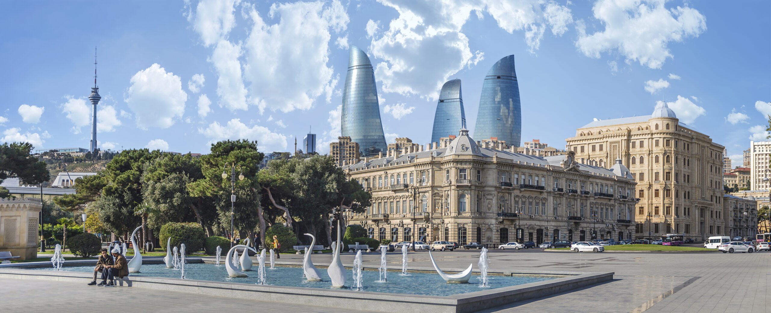 Baku, Azerbaijan September 16, 2019: Panoramic view of the city of Baku and the image of the Flame Towers photographed from the Baku embankment on the coast of the Caspian Sea