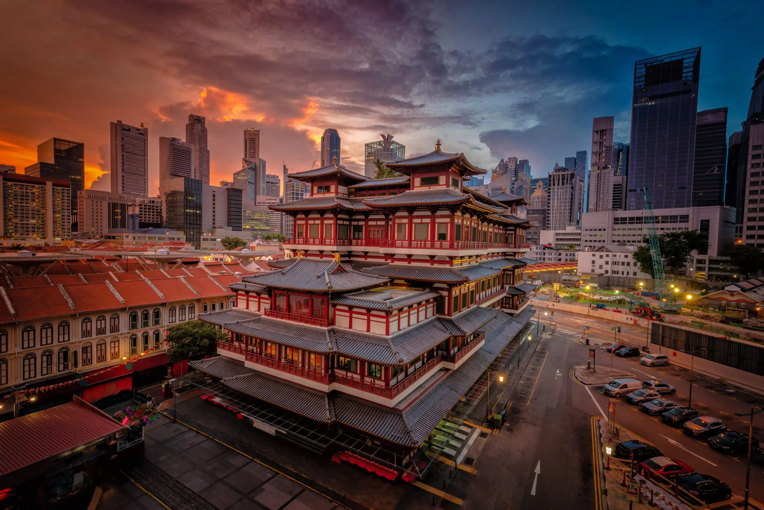 Buddha Tooth Relic Temple at sunrise in China town, Singapore.
