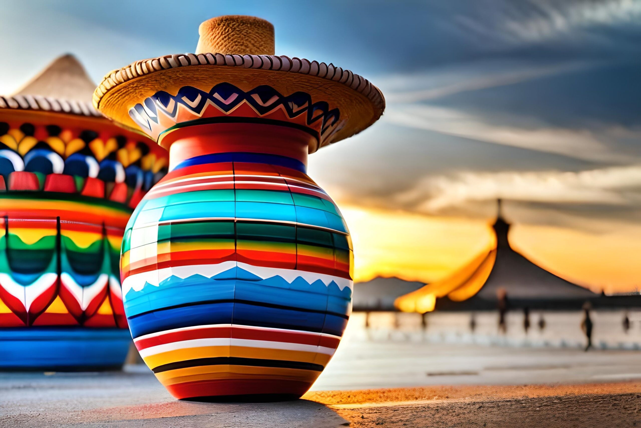 colorful-vase-with-straw-hat-it-with-sunset-background