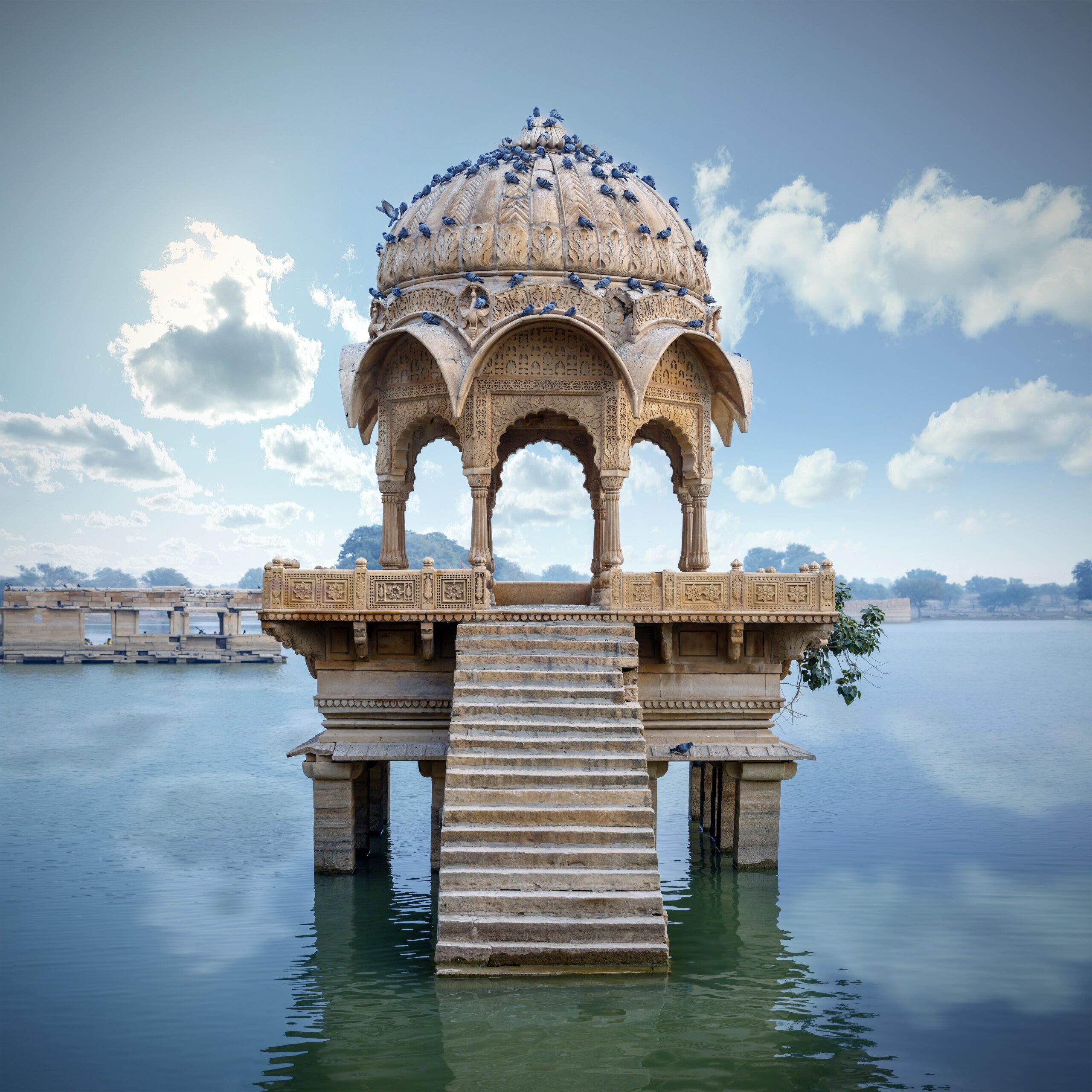 Indian landmark Gadi Sagar – artificial lake. Jaisalmer, Rajasthan, India