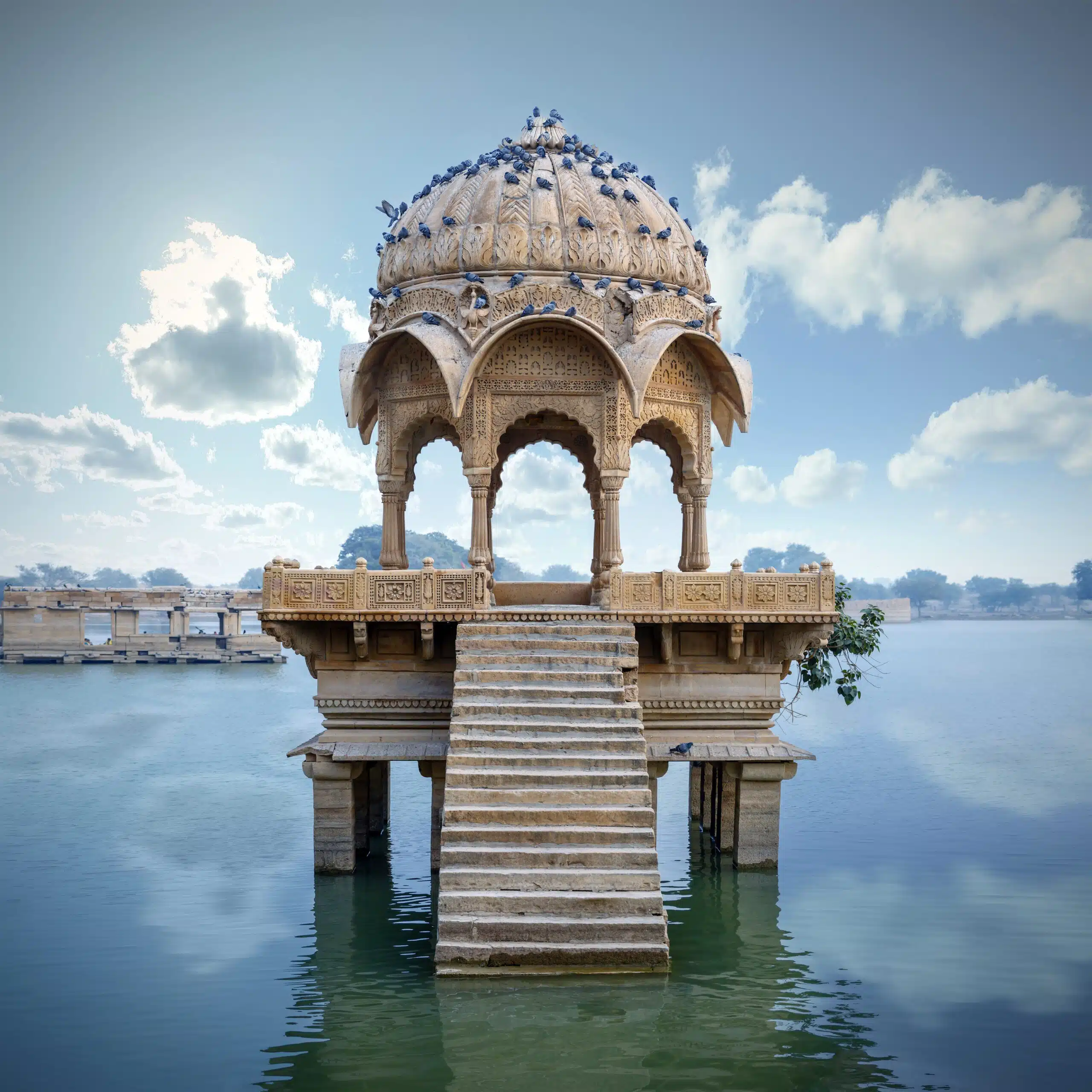 Indian landmark Gadi Sagar – artificial lake. Jaisalmer, Rajasthan, India