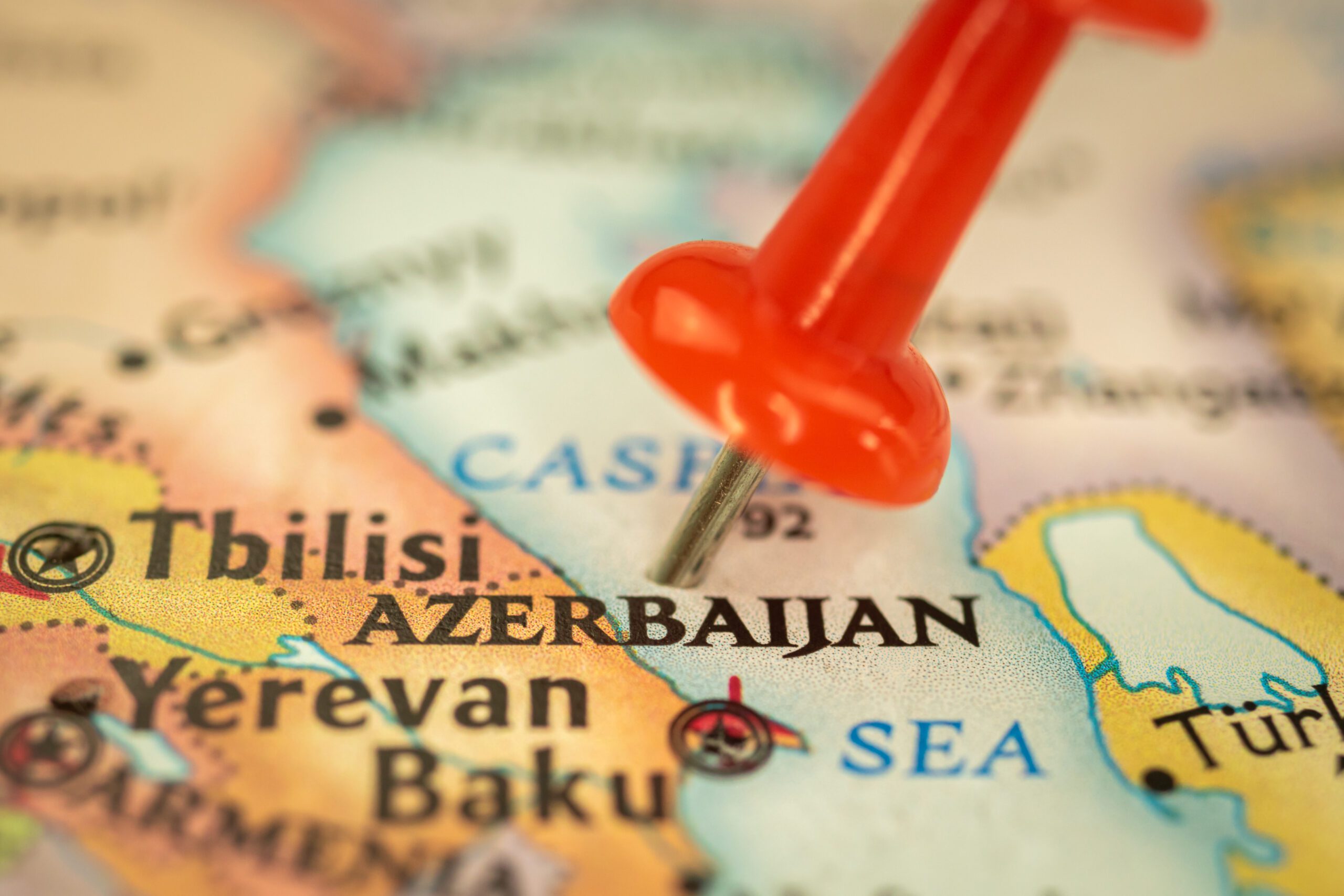 Location Azerbaijan, travel map with push pin point marker close-up, Asia journey concept
