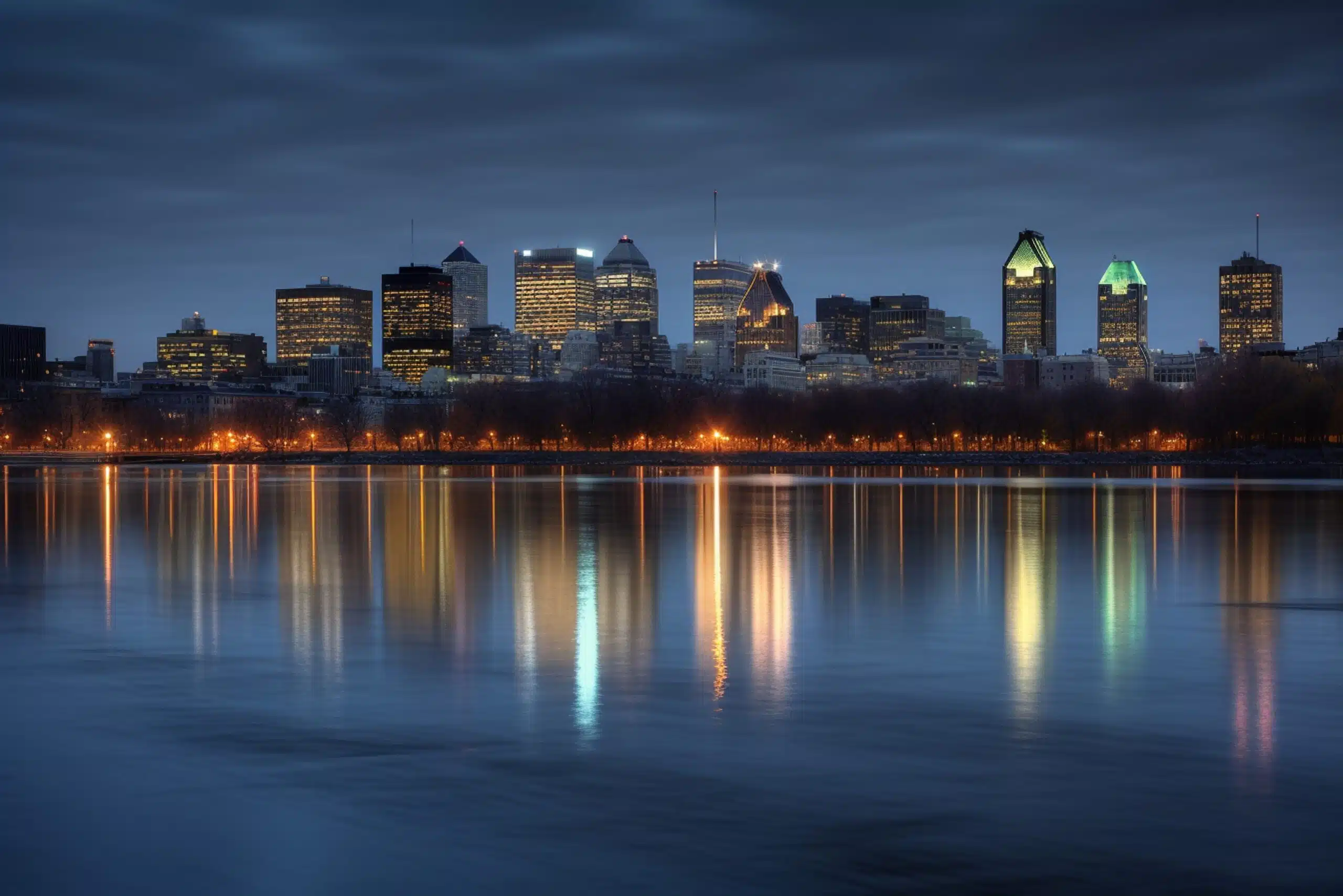 Montreal over river at sunset with city lights and urban buildings