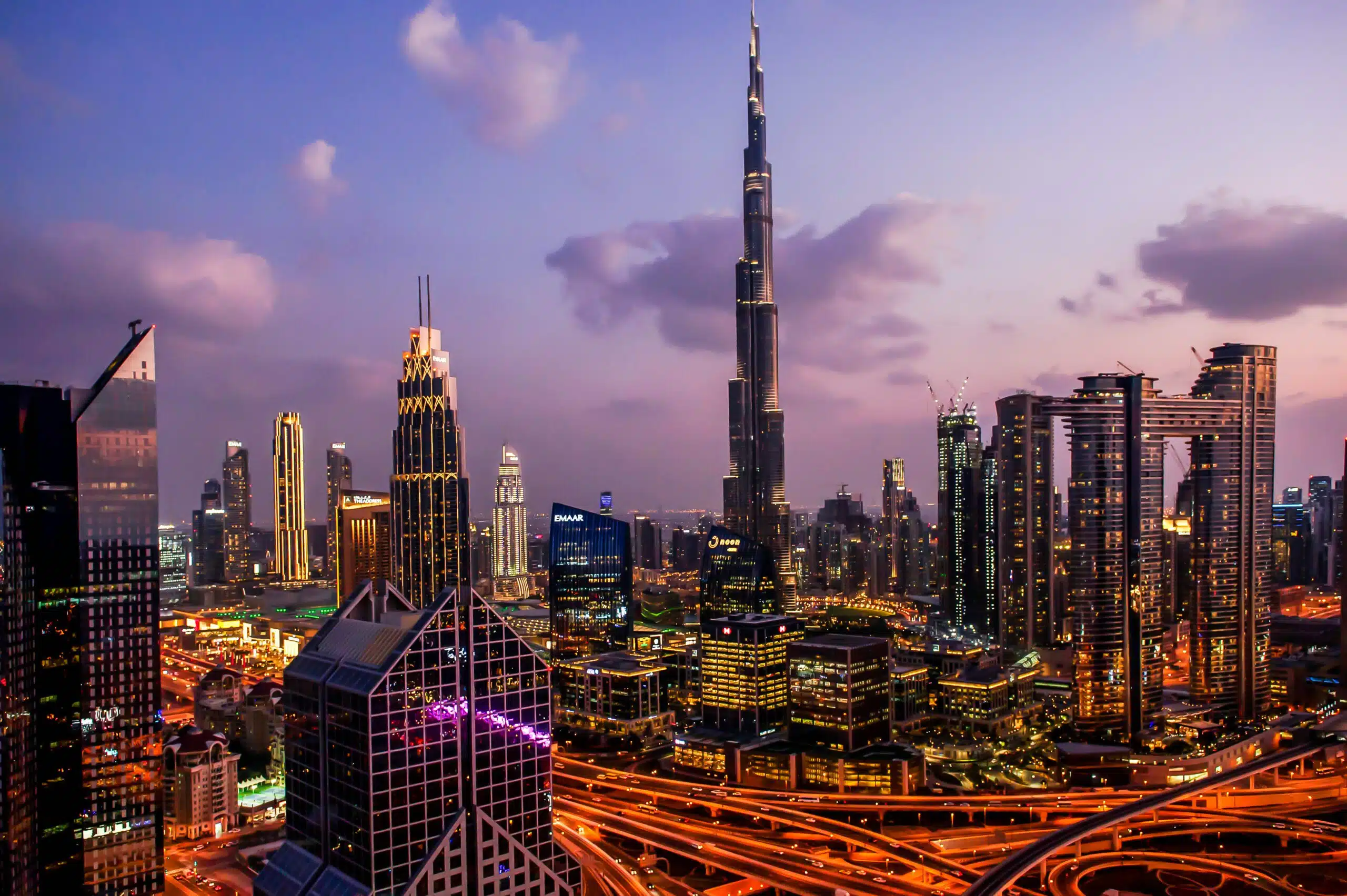 Panorama of down town Dubai modern city at night