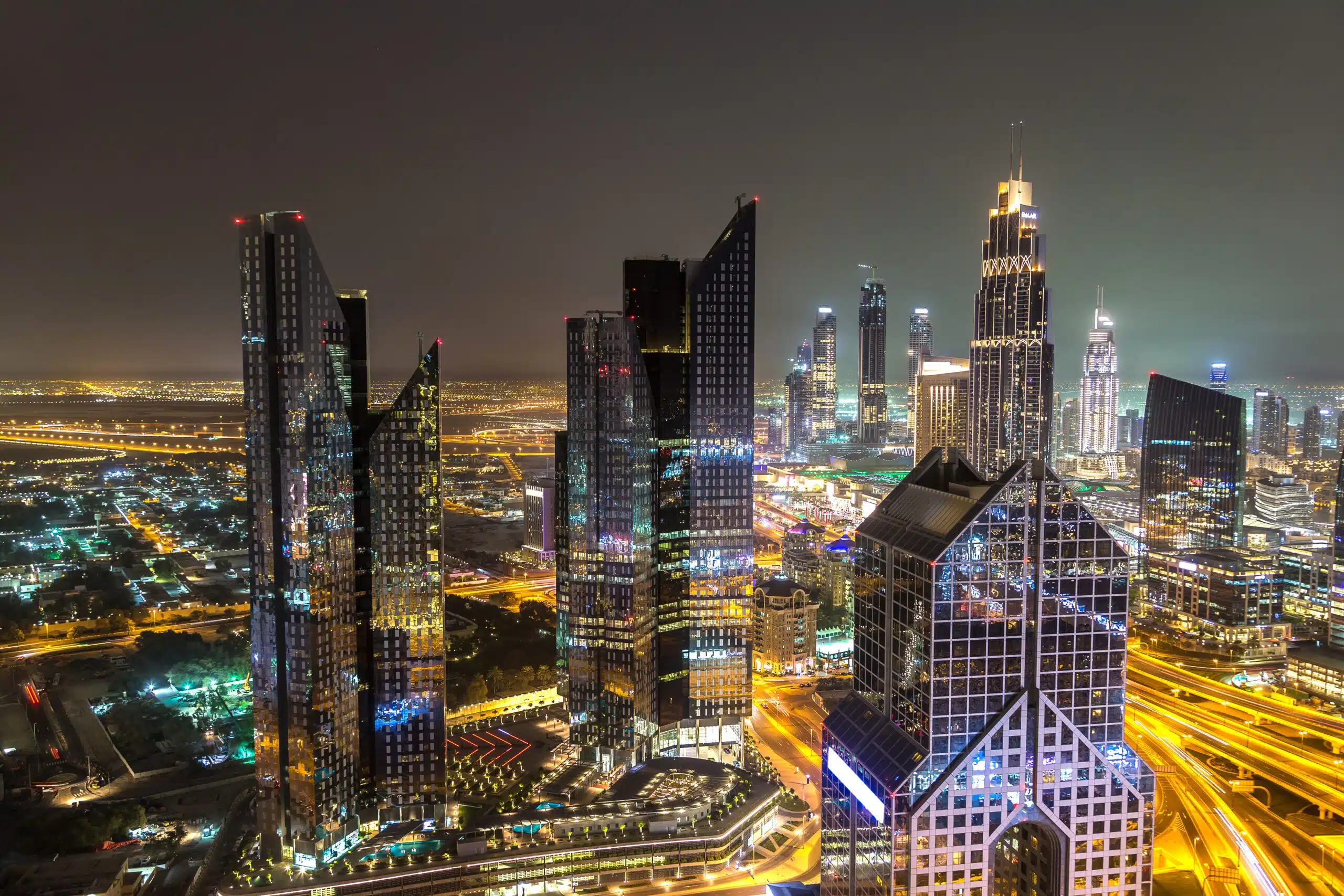 Panorama of downtown Dubai at night, United Arab Emirates