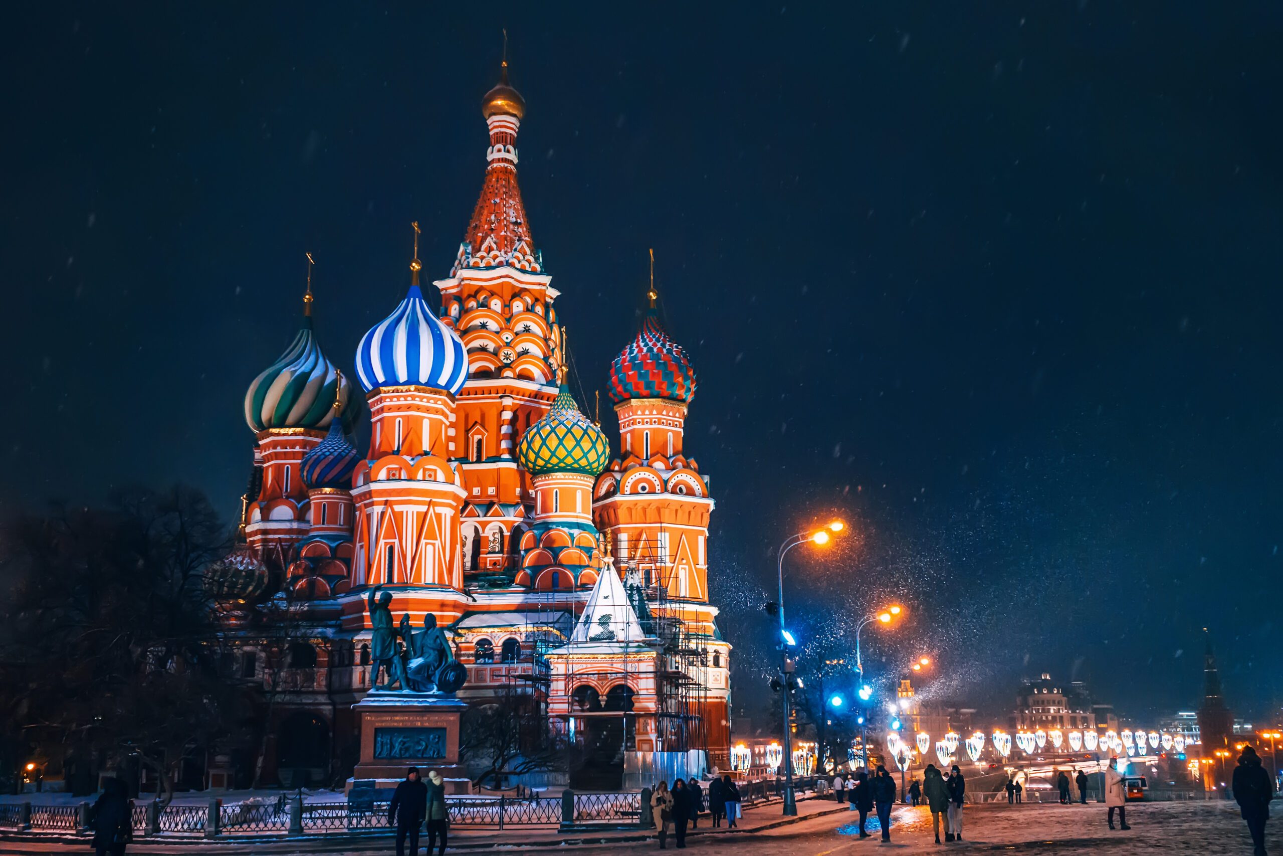 Saint Basil’s Cathedral on red Square in Moscow in Russia at night in winter