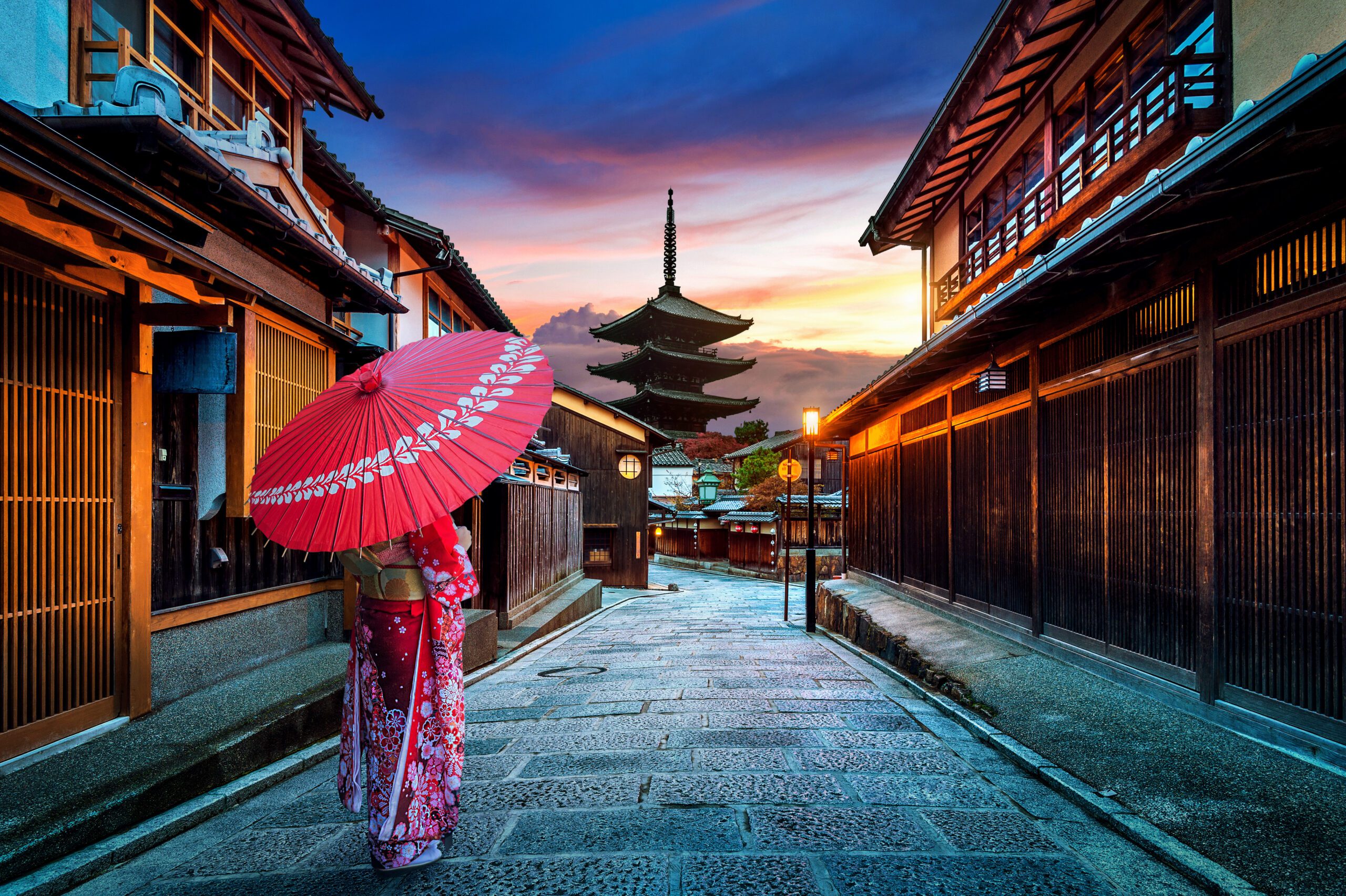 Asian woman wearing japanese traditional kimono at Yasaka Pagoda