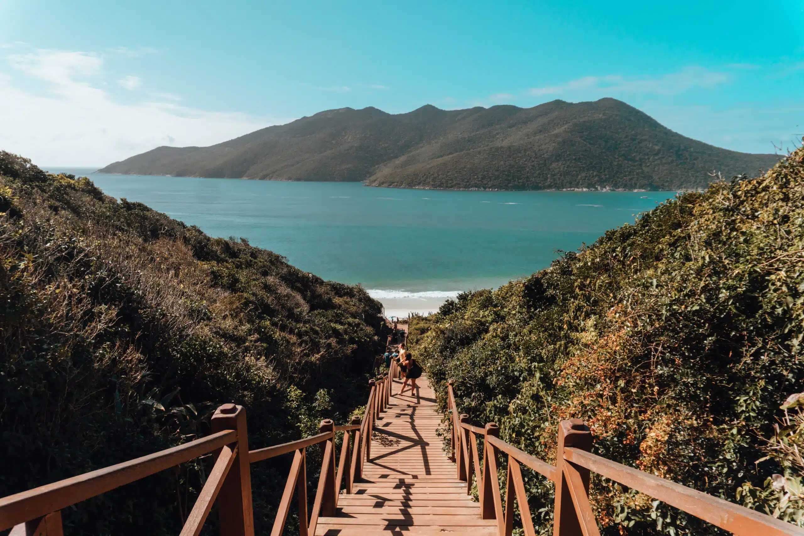 Wooden bridge surrounded by the sea and hills covered in greenery under a blue sky in Brazil