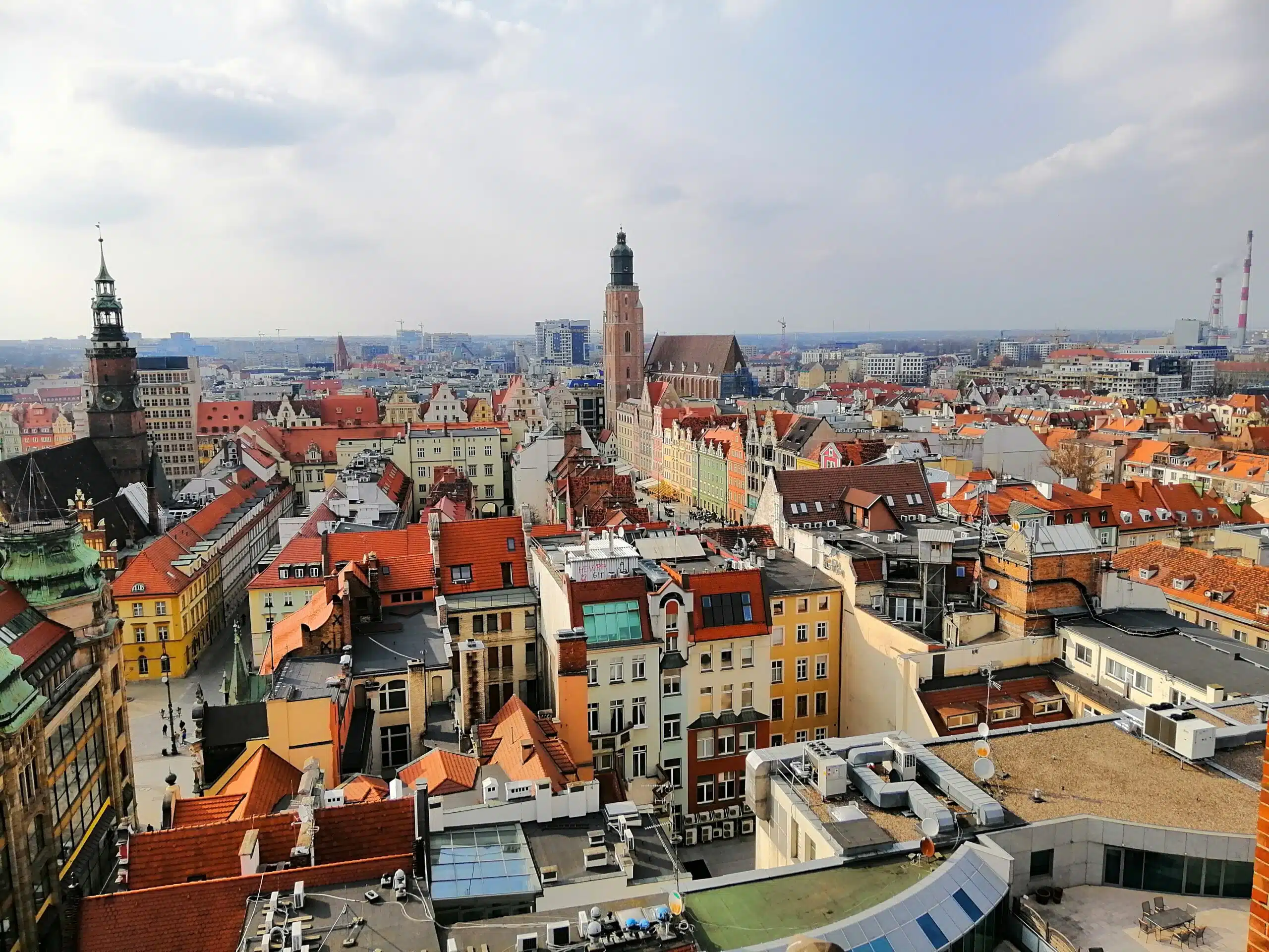 Beautiful aerial shot of Wroclaw city, Poland under the cloudy sky