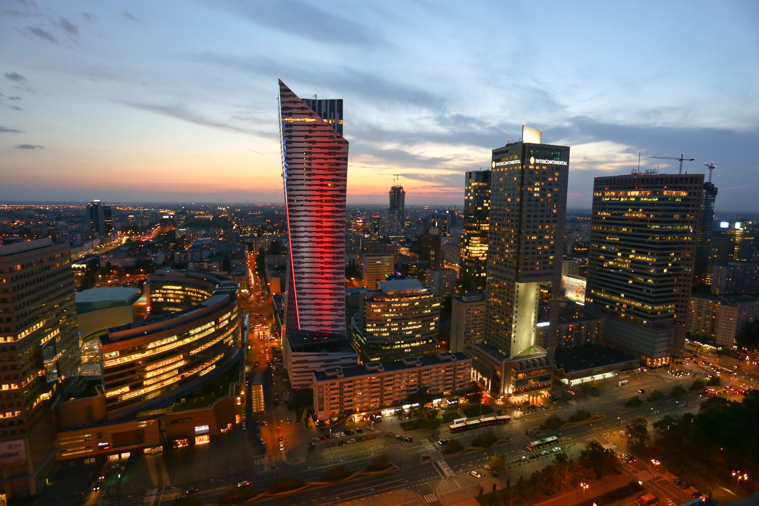 High angle shot of Warsaw in Poland during the sunset