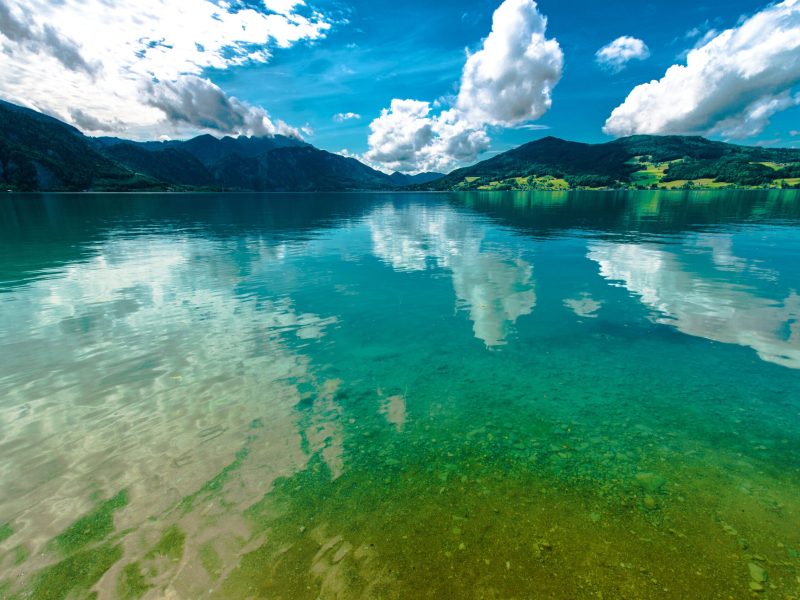 Scenic Austrian Lake Landscape During Summer Sunny Day. Austria, Europe.