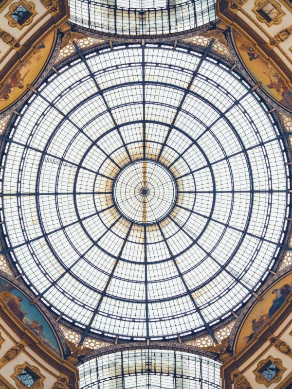 Panoramic view of Vittorio Emanuele gallery ceiling in Milan, Italy, Europe