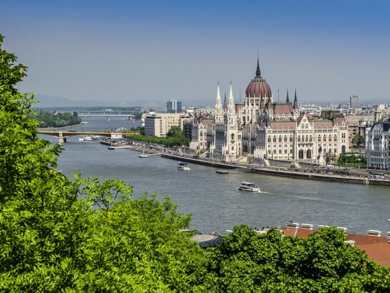 The image is looking down the river toward the Hungarian Parliament building